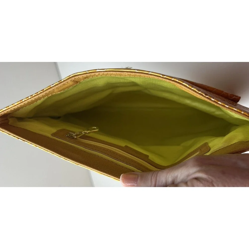 ABAS Snakeskin Embossed Yellow Brown Bag Clutch Purse